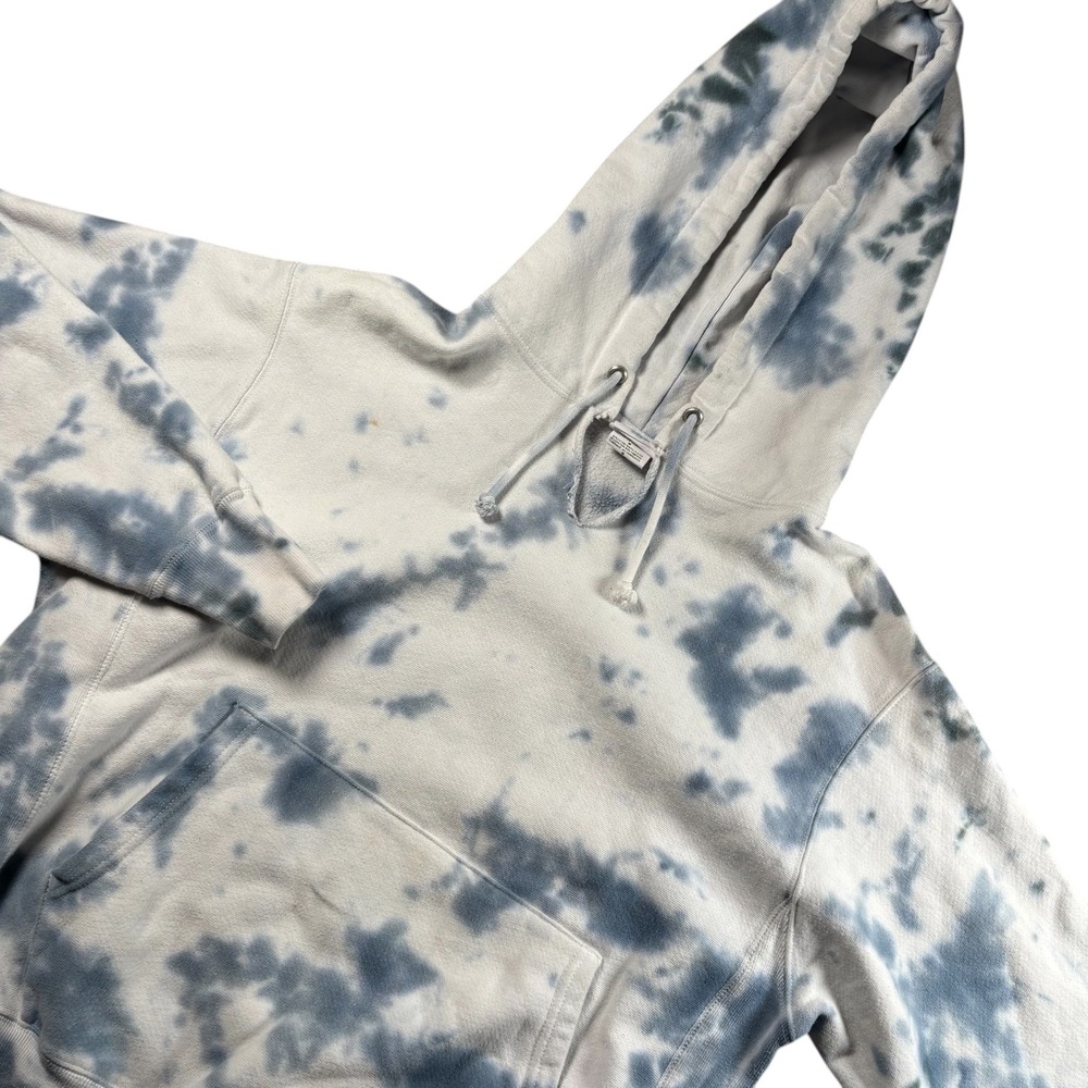 VTG Champion Reverse Weave Tie Dye Hoodie Mens M‎ Blue White Cloud Wash Pullover
